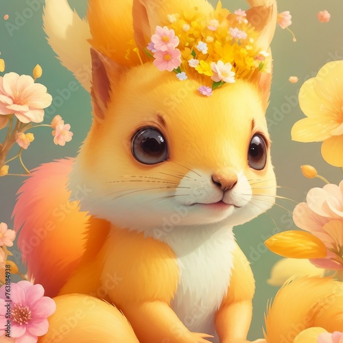 Generative AI image of cute golden squirrel with decorated flowers. poster for animal lovers all the breeds. beautiful animal art for your beloved animals. memory for lifetime. Premium art.