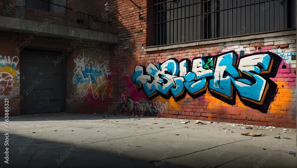 Naklejka premium A digital composition featuring a graffiti-covered brick wall as the backdrop Generative AI