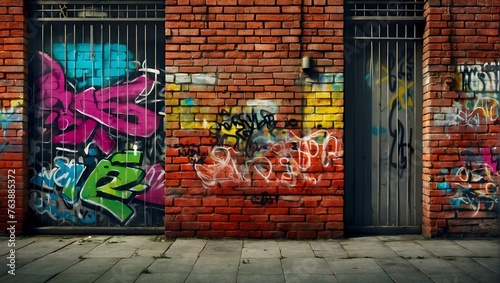 A digital composition featuring a graffiti-covered brick wall as the backdrop Generative AI