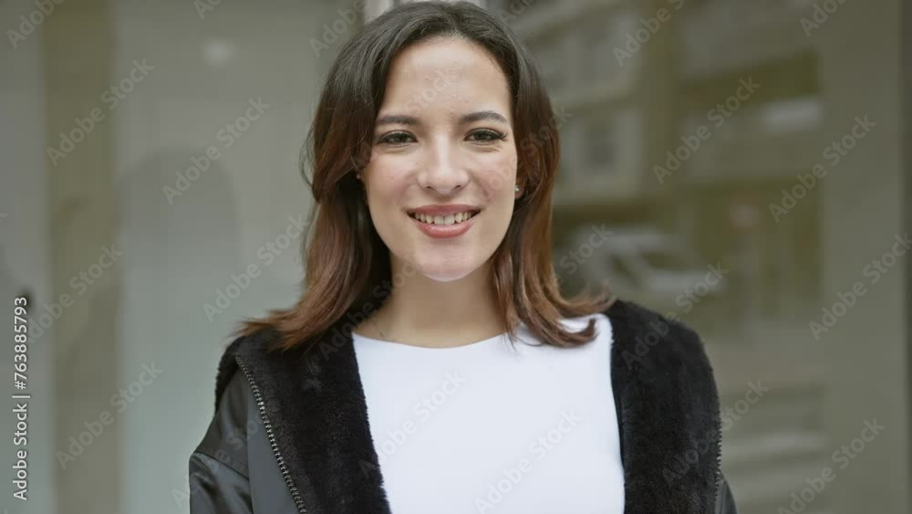 A cheerful young hispanic woman with a confident smile stands on a city street, exuding beauty and style in a casual urban setting. A cheerful young hispanic woman with a confident smile stands on a city street, exuding beauty and style in a casual urban setting.