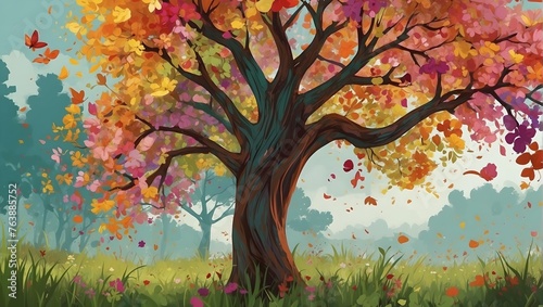 A floral tree scene with a focus on the dynamic interplay of colors in the foliage Generative AI