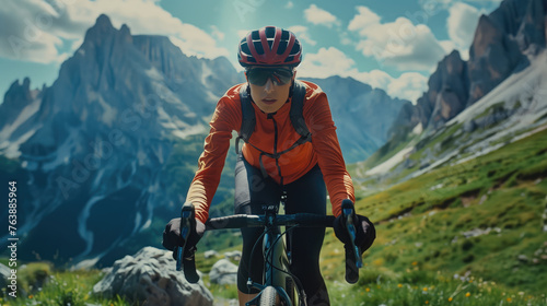 A focused cyclist in a vibrant orange jacket powers through a grassy alpine route