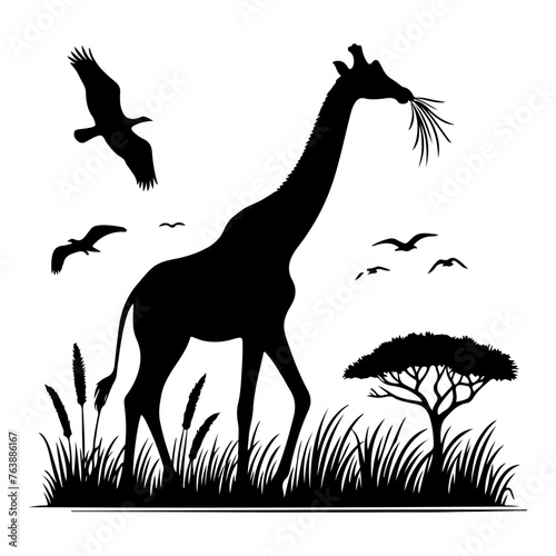 continuous single hand drawing black line art of giraffe silhouette standing with tree style vector illustration on white background