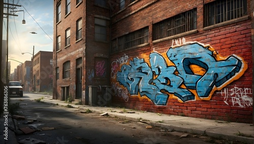 A photorealistic rendering of a gritty city scene, highlighting a graffiti-covered brick wall Generative AI