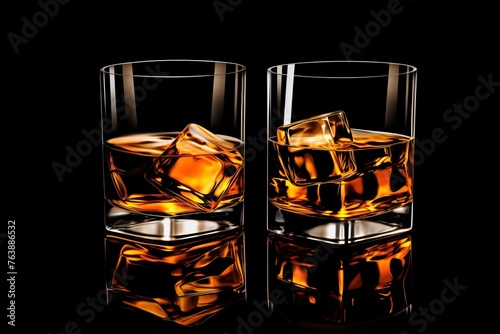 two glasses of whiskey with ice cubes