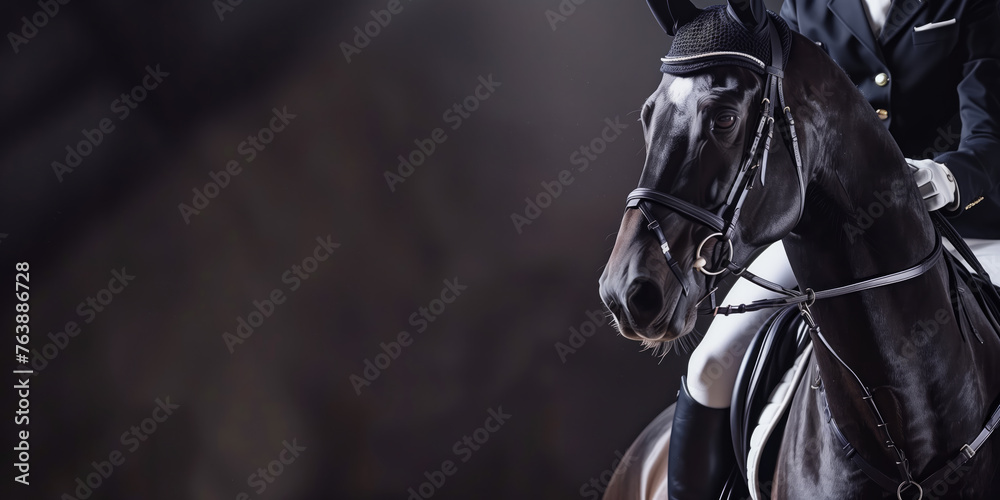 A powerful black dressage horse and rider in mid-stride, captured with focused intensity against a blurred dark background. A powerful black dressage horse and rider in mid-stride, captured with focused intensity against a blurred dark background.