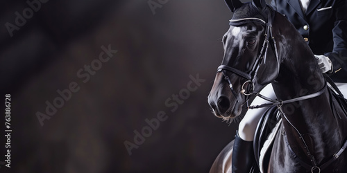 A powerful black dressage horse and rider in mid-stride, captured with focused intensity against a blurred dark background.