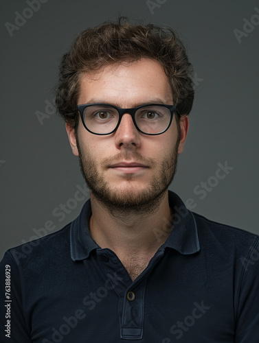 Close-up portrait of a young man with curly hair and glasses, with a contemplative expression photo