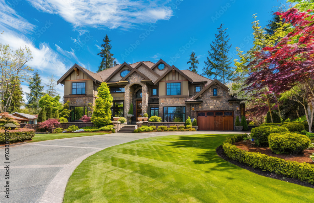 Beautiful two story luxury home in the British Columbia region of Canada, with blue sky and green grass