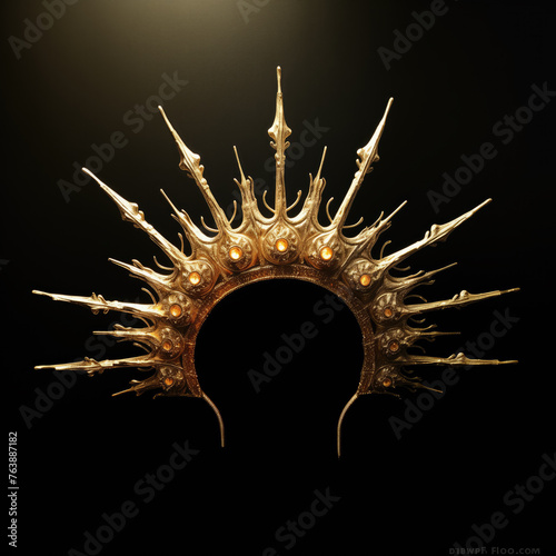 Majestic golden crown with intricate spikes radiating outwards, showcased dramatically against a dark background.