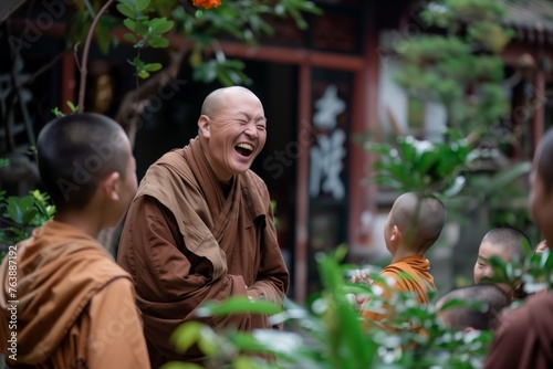 monk in a monastery garden laughing with novices