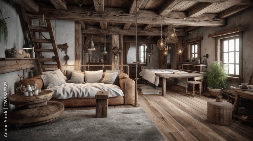 Spacious rustic loft living area with wooden beams, plush couch, and chic dining setup, complemented by soft lighting. Spacious rustic loft living area with wooden beams, plush couch, and chic dining setup, complemented by soft lighting.