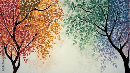 Colorful tree with leaves on hanging branches illustration background. abstraction wallpaper. Floral tree with multicolor leaves