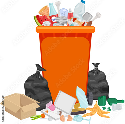 Trash can full of garbage. Cartoon waste icon