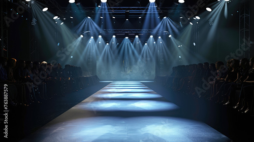 Empty catwalk with many spotlights, fashion event, runway podium stage photo