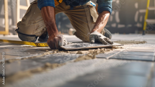 A craftsman is precisely installing floor tiles at a construction site.
