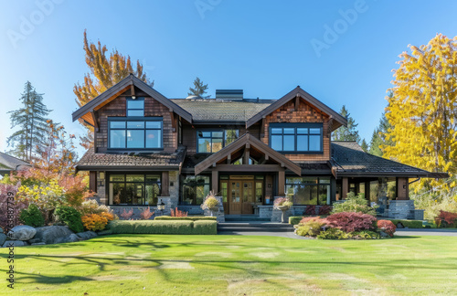 Beautiful two story luxury home in the British Columbia region of Canada, with blue sky and green grass © Kien