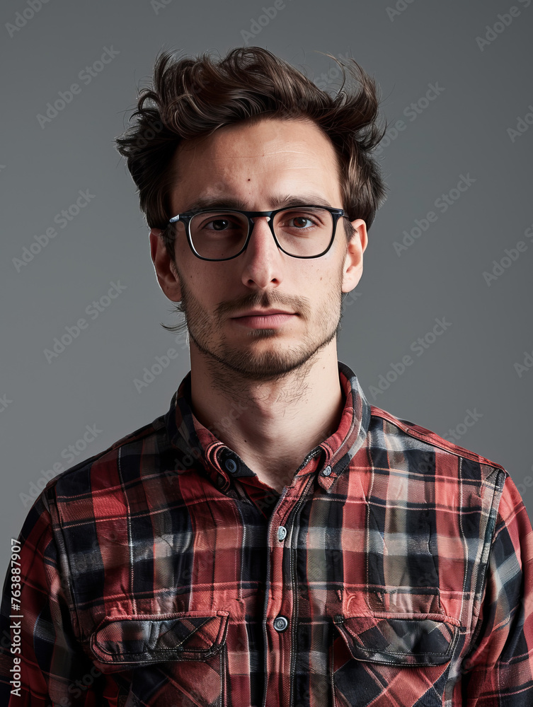 Artistic portrait of a young man with disheveled hair, glasses, and a checkered shirt Artistic portrait of a young man with disheveled hair, glasses, and a checkered shirt