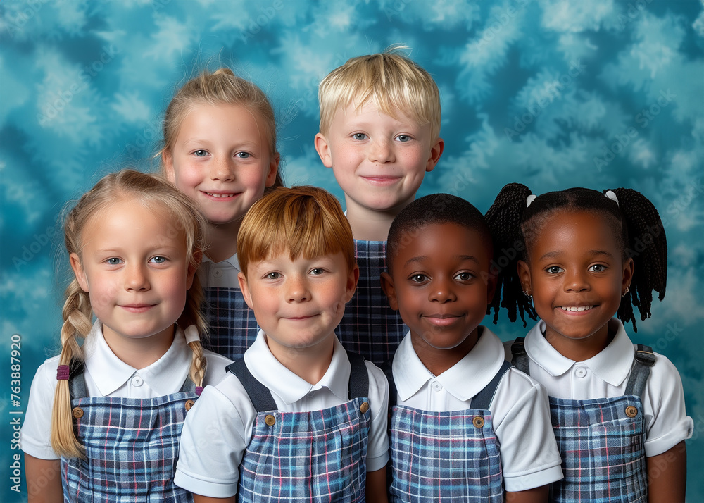Happy diverse junior school students children group looking at camera standing in school. Smiling multiethnic cool kids boys and girls friends posing for group portrait together. with copy space Happy diverse junior school students children group looking at camera standing in school. Smiling multiethnic cool kids boys and girls friends posing for group portrait together. with copy space