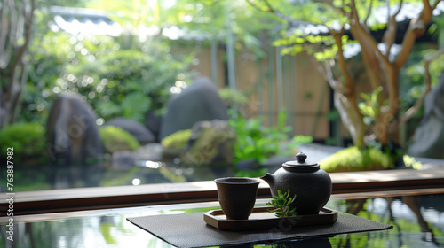 Traditional tea set on a bamboo mat in a serene garden. Tranquility and tea culture concept with copy space.