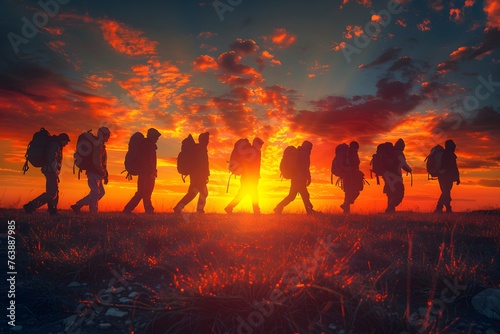 Group of People Walking Across Field at Sunset
