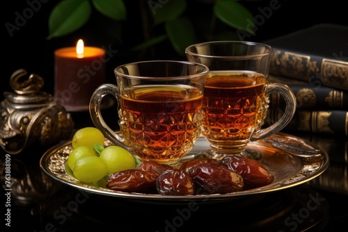 a cup tea and dates on plate for ramadan iftar style professional advertising food photography
