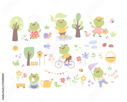Vector collection with funny frogs  insects  and plants. Cartoon spring Illustrations isolated on a white background.