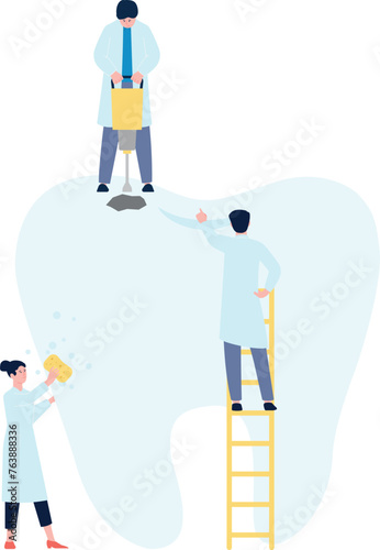 Dental treatment illustration. Doctors repairing broken tooth