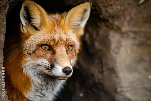 fox peeking out from a foxhole, eyes focused forward
