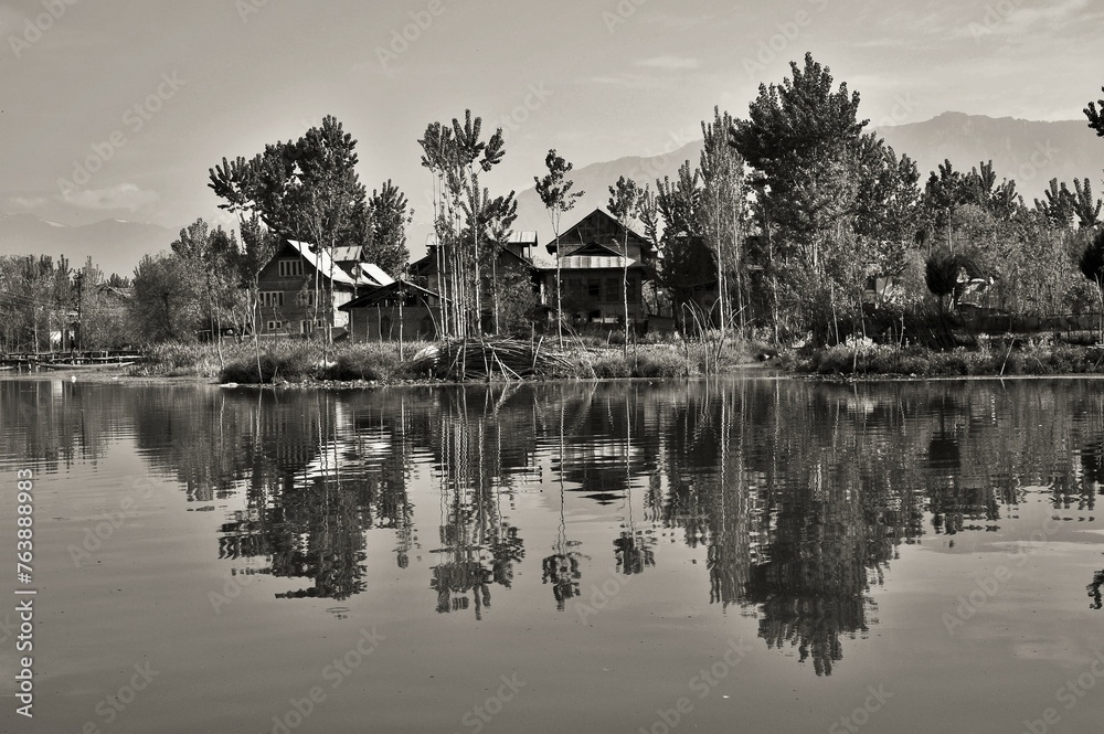 Obraz premium Houses, Nagin Lake, Dal Lake, Srinagar, Kashmir, Jammu and Kashmir, India, Asia