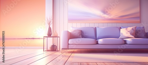 A detailed view of a couch in a living space, complemented by a piece of art hanging on the wall