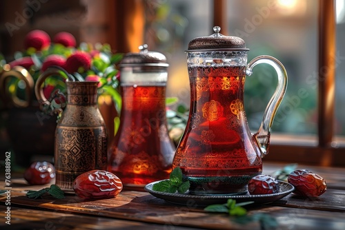 a cup tea and dates on plate for ramadan iftar style professional advertising food photography