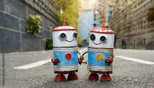 Deux petits robots en boite de conserve, bandes de peinture blanches et rouges photo