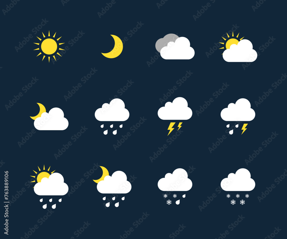 Set of forecast weather icons, flat vector design