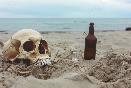 skull halfburied in sand, bottle next to it, sea in background