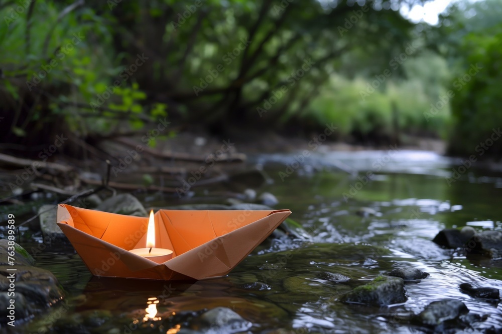 handcrafted paper boat with a candle inside set ablaze on a creek