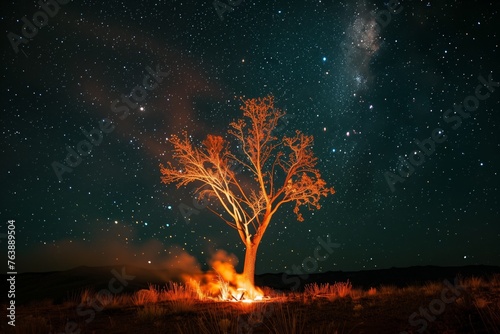 lone tree ablaze at night under starry sky