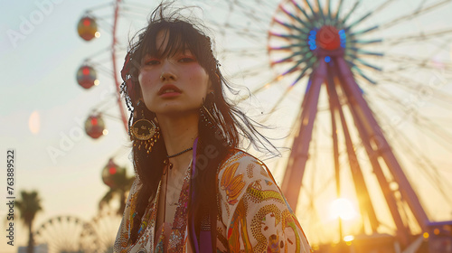 model in a bohemian outfit, standing in front of a Ferris wheel at a summer music festival