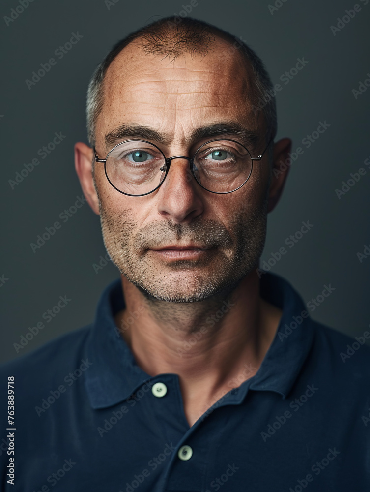 Obraz premium A middle-aged man with a neutral expression and glasses wears a dark polo shirt against a plain background