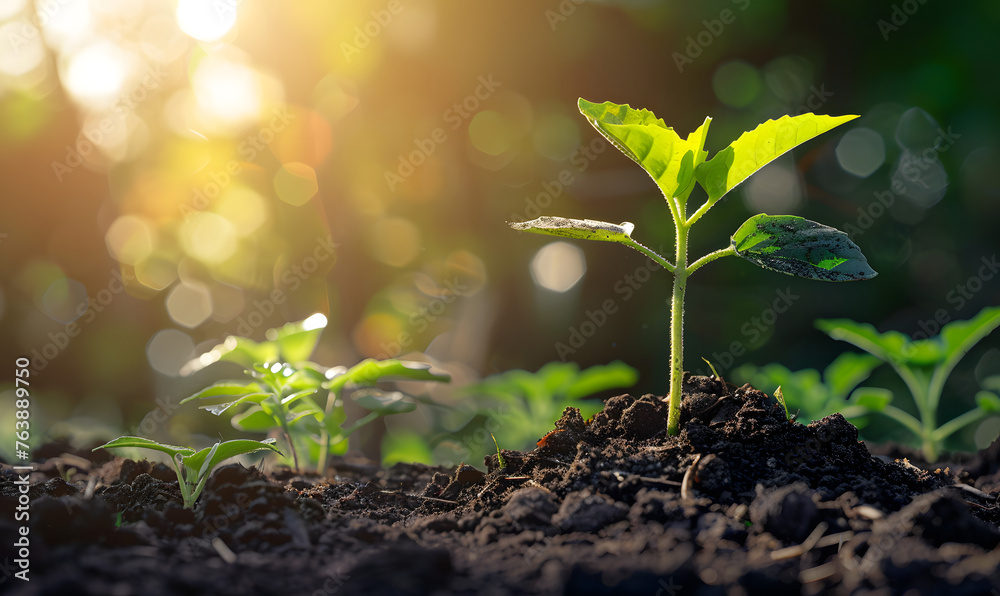 young plant growing in the soil concept save nature or agriculture on soft green tree,Generative AI young plant growing in the soil concept save nature or agriculture on soft green tree,Generative AI
