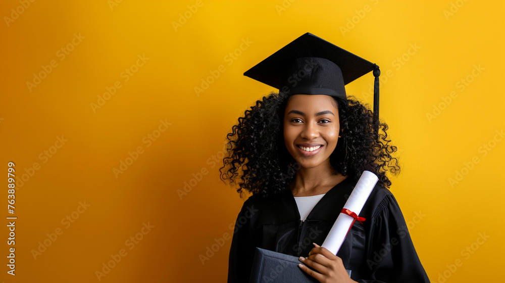 portrait of a young female graduate on solid yellow background portrait of a young female graduate on solid yellow background