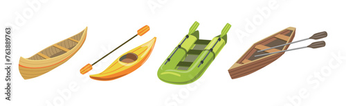 Boat and Marine Vessel with Paddle for Sailing Vector Set
