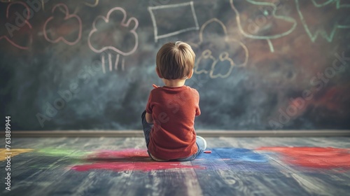 Back view of cute little kid boy writing with chalk, cute little kid learning, kids learning, kids education background, toddler learning, kids in the schools learning, kids education process, kids