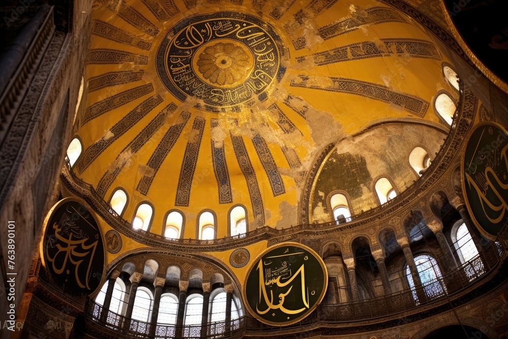 A close-up of the detailed mosaics in the Hagia Sophia, Istanbul, Turkey.