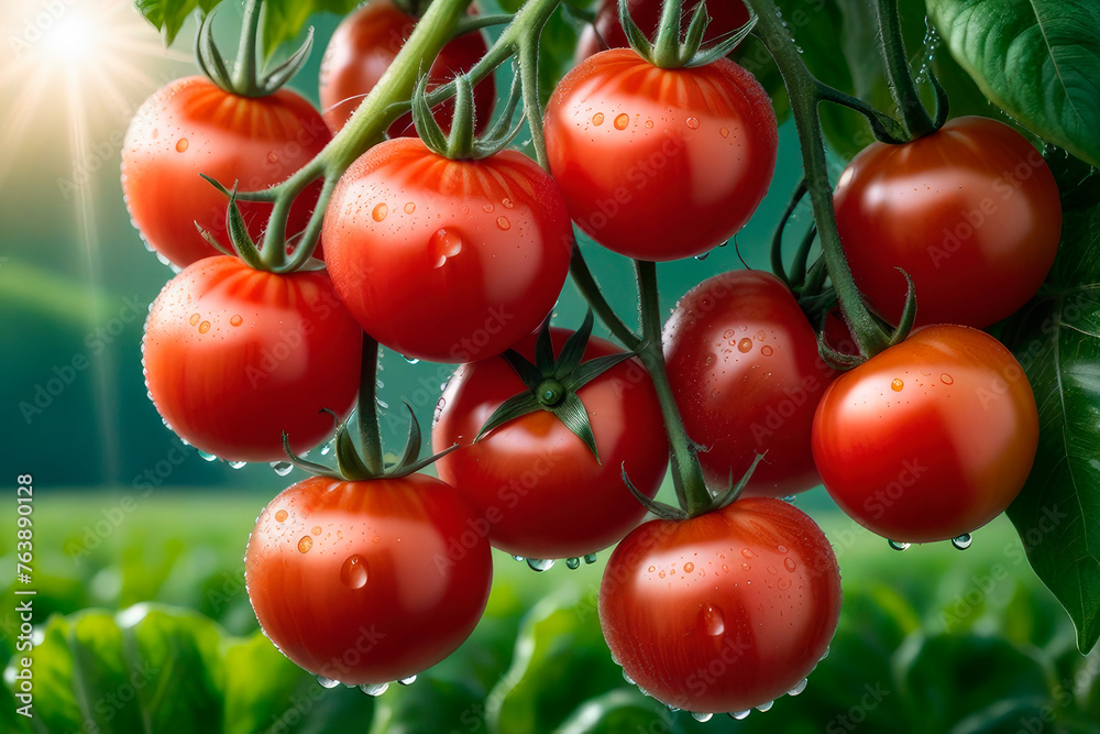 Ripe red tomatoes growing on a branch in the plantation area.