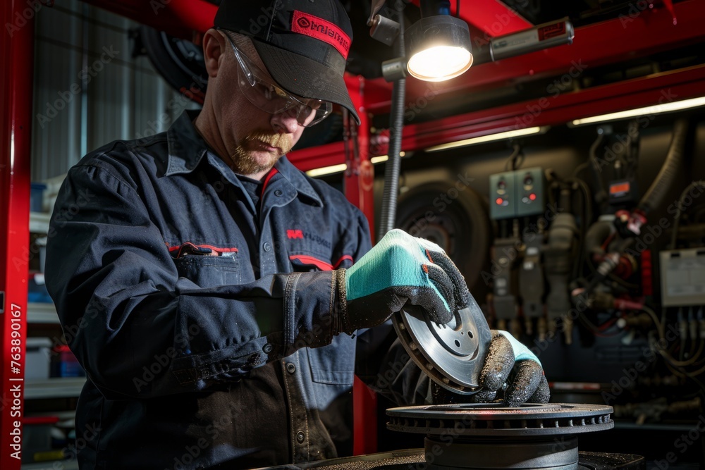 A man carefully inspecting brake pads and rotors for wear and tear on a machine in a garage