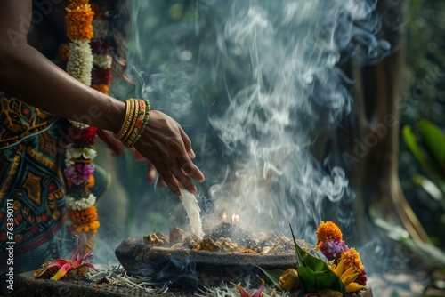 A person lighting a candle on a plate of food, showcasing a ceremonial offering or sacrifice in a religious context
