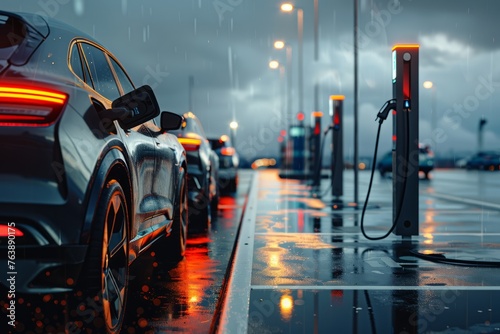 Multiple cars parked at a gas station while raining, with visible water droplets and wet surfaces