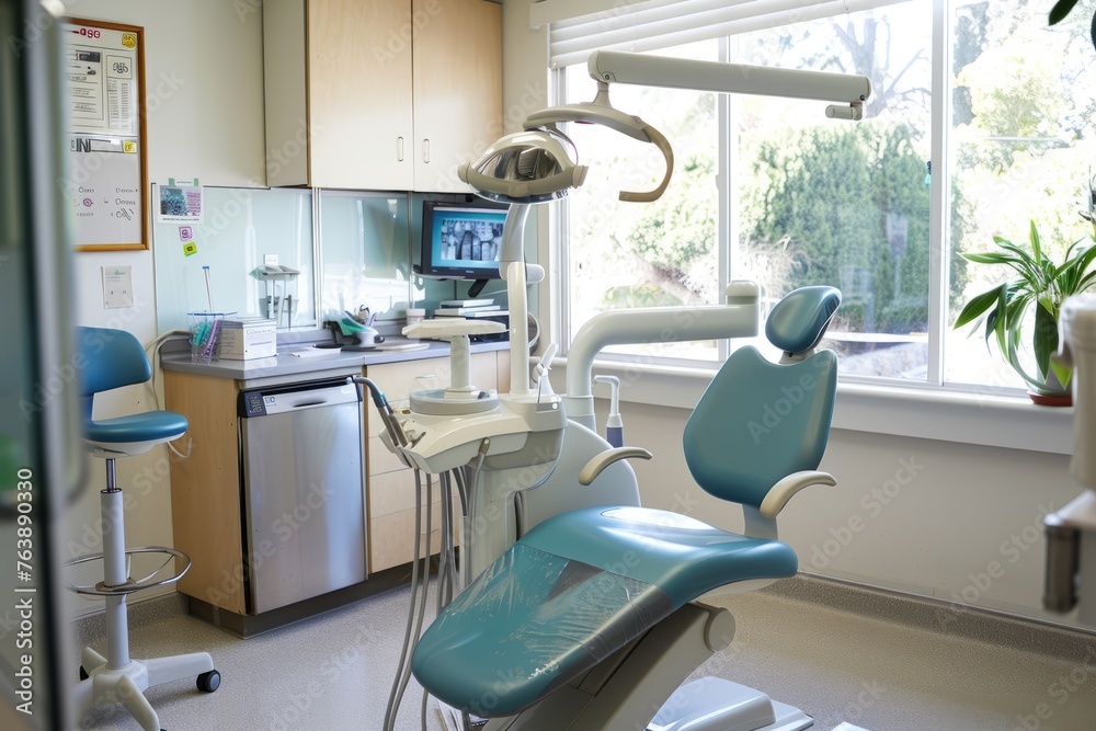A professional dental room featuring a sink, chair, and equipment arranged neatly. Bright natural lighting highlights the clean environment