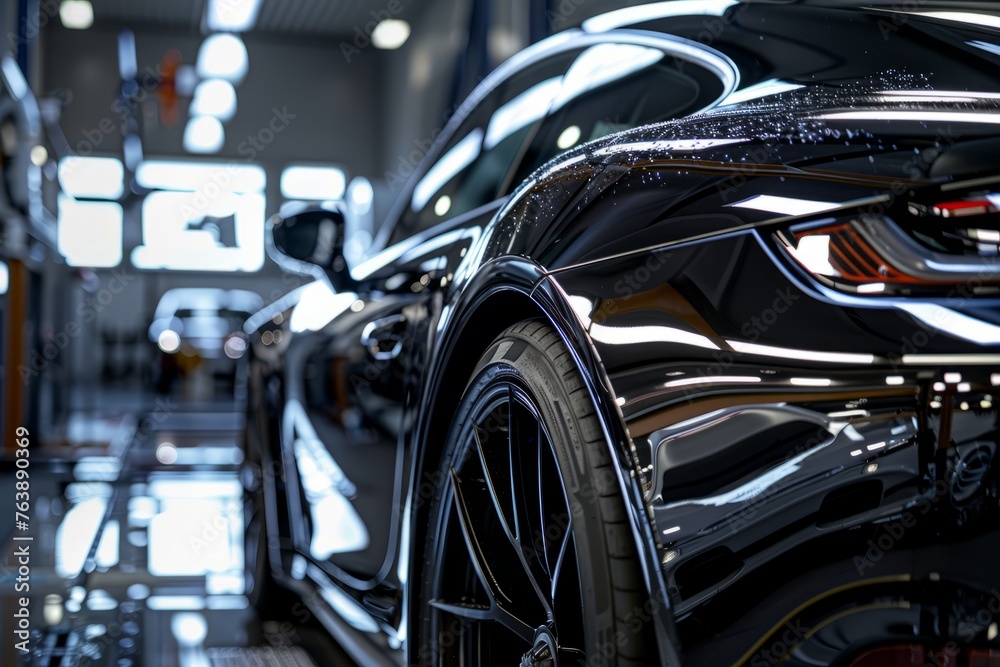 A black sports car is parked inside a garage, showcasing its sleek exterior and clean interior after detailing services like washing, waxing, and interior cleaning